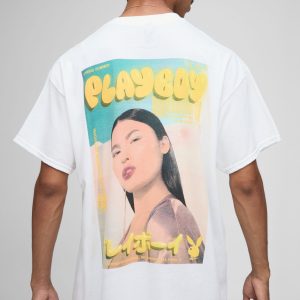 White Oversized Playboy License Printed T-Shirt