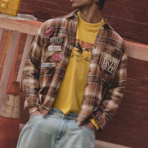 Relaxed Badge Detail Distressed Acid Wash Check Shirt