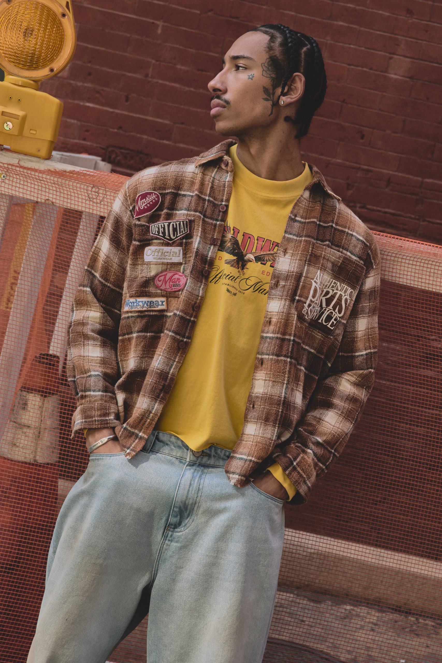 Relaxed Badge Detail Distressed Acid Wash Check Shirt