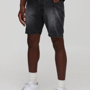 Straight Fit Washed Black Panelled Denim Shorts