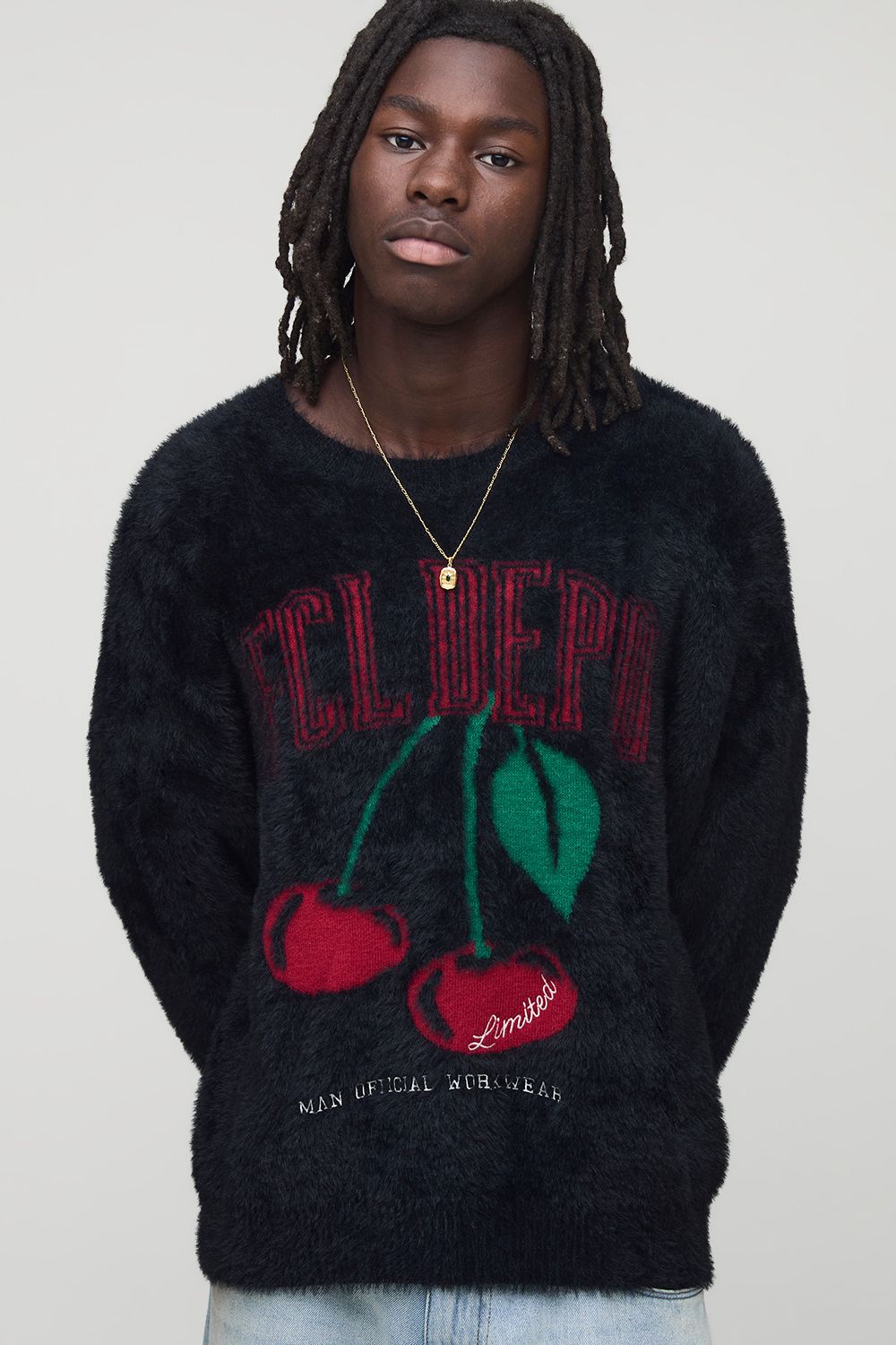 Regular Fit Extreme Fluffy Cherry Graphic Knitted Jumper