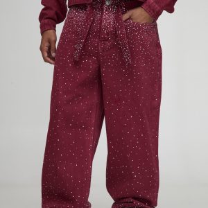 Relaxed Fit Belted Rhinestone Red Washed Jeans