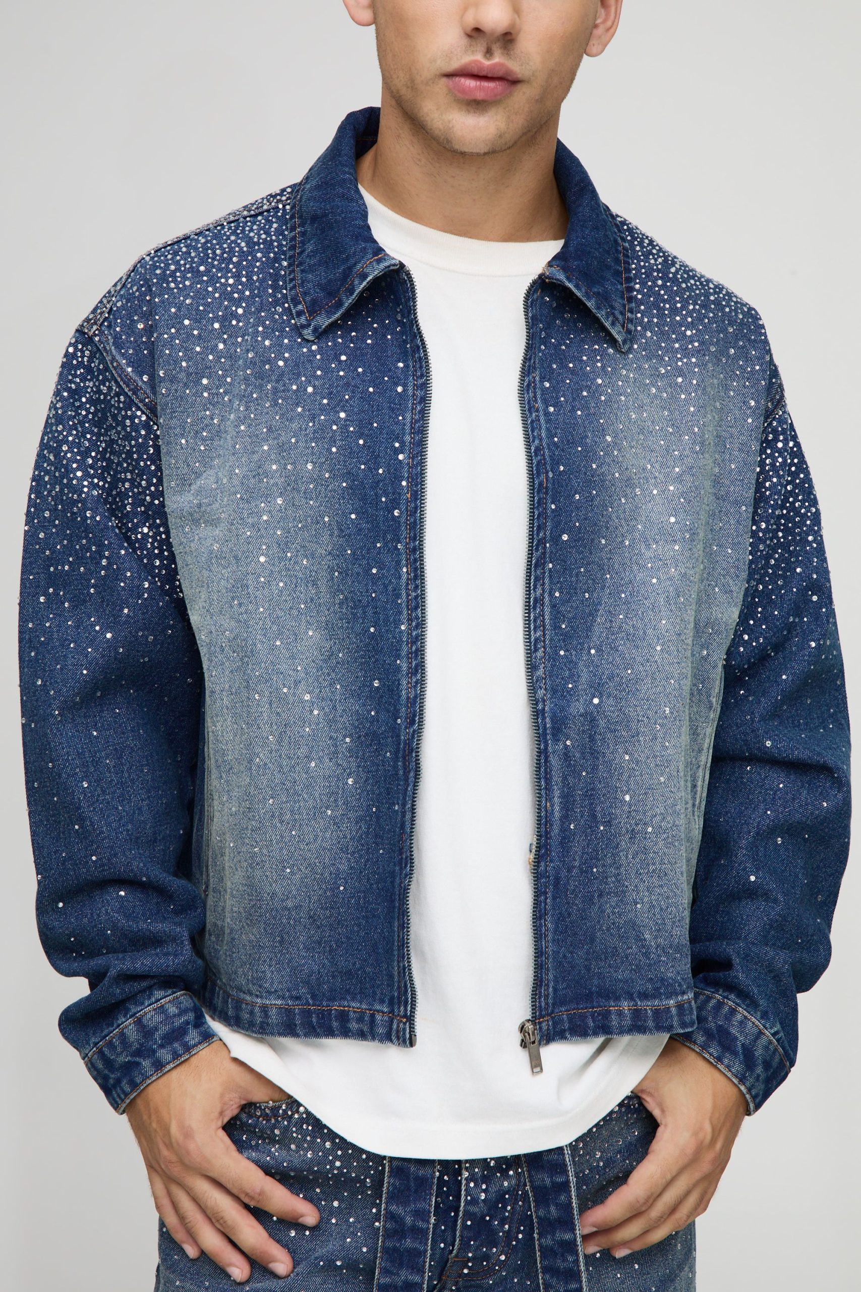 Boxy Rhinestone Denim Jacket