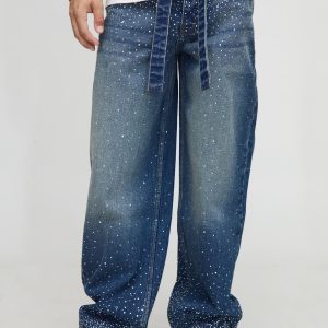 Relaxed Fit Belted Rhinestone Blue Washed Jeans