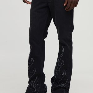 Flame Applique Stacked Slim Fit Flared Jeans
