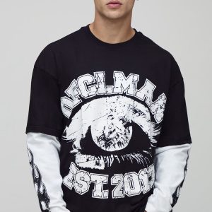 Black Oversized Faux Layer Ofcl Man Varsity Printed Long Sleeve T-Shirt