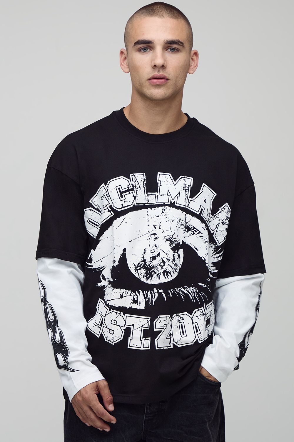 Black Oversized Faux Layer Ofcl Man Varsity Printed Long Sleeve T-Shirt