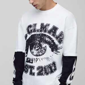 White Oversized Faux Layer Ofcl Man Varsity Printed Long Sleeve T-Shirt