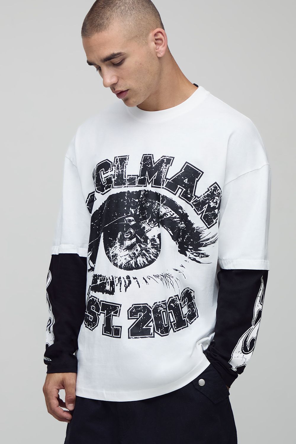 White Oversized Faux Layer Ofcl Man Varsity Printed Long Sleeve T-Shirt