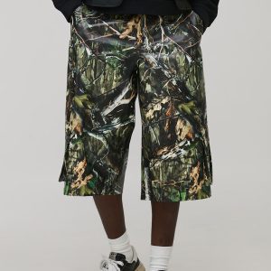 Baggy Fit Longline Printed Camo PU Jorts