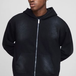 Oversized Boxy Spray Wash Man Embroidered Double Ended Zip Through Hoodie