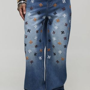 Tall Relaxed Rigid Fleur De Lis Embroidered Jeans
