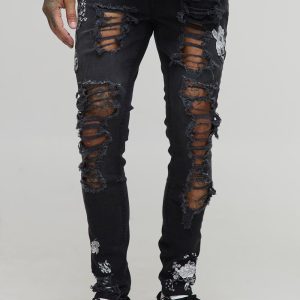 Tall Floral Embroidered Ripped Skinny Jeans