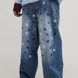 Plus Relaxed Rigid Fleur De Lis Embroidered Jeans