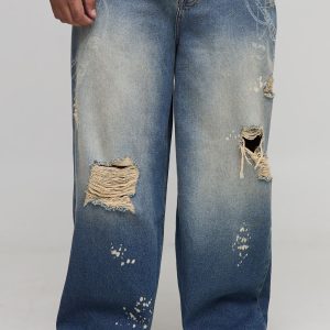 Plus Chain Printed Ripped Baggy Fit Jeans