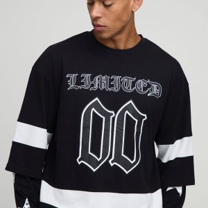 Oversized Boxy Varsity Star Print Faux Sleeve T-Shirt