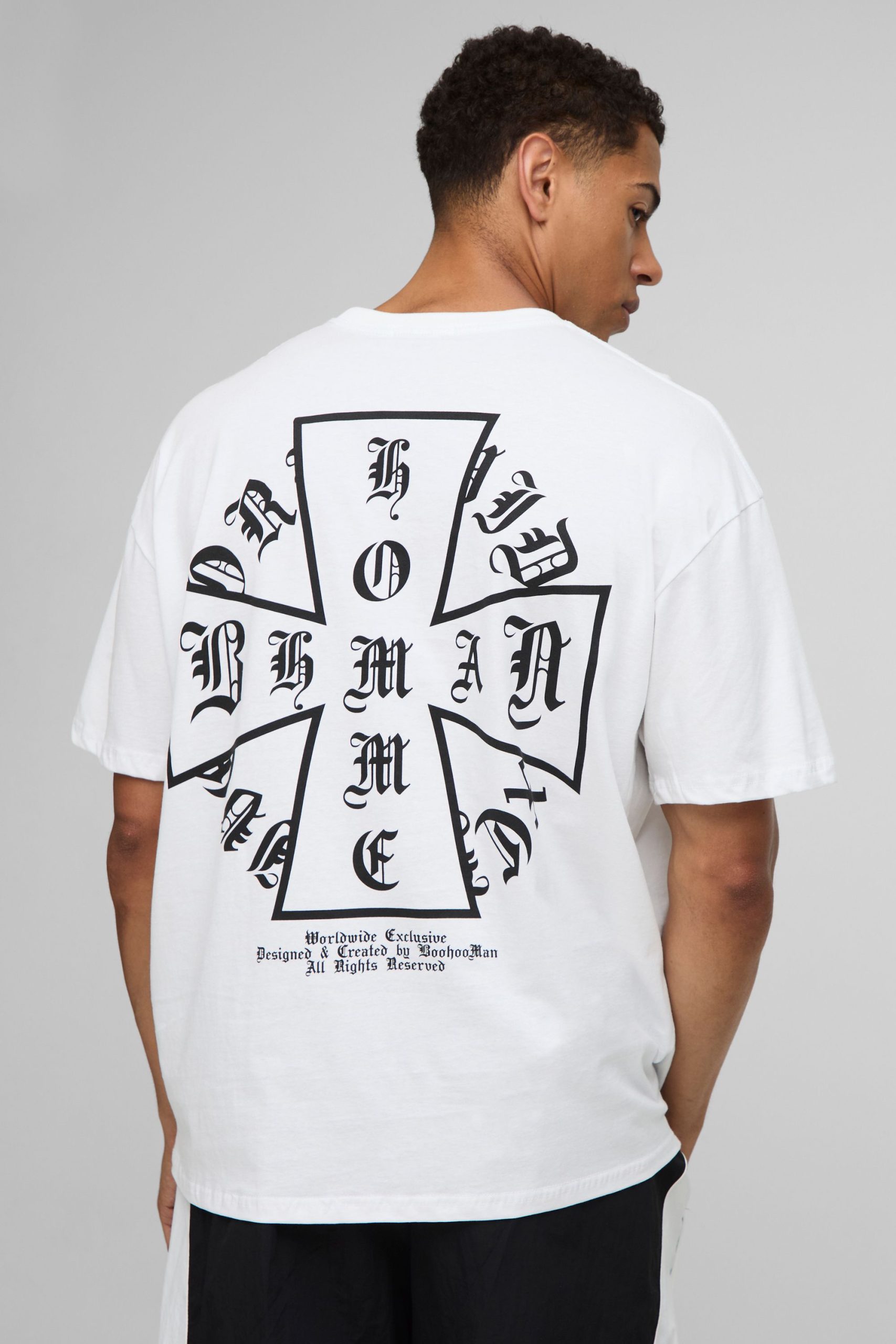White Oversized Homme Cross Printed T-Shirt