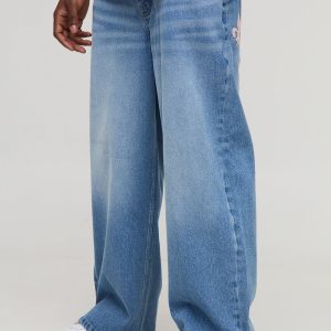 Baggy Fit PU Applique Rhinestone Jeans