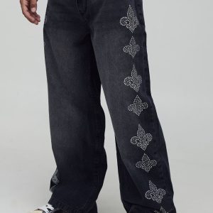 Baggy Fit Rhinestone Embellished Washed Jeans