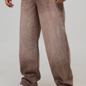 Relaxed Fit Overdyed Rhinestone Denim Jeans