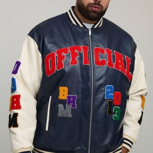 Plus Oversized Fit Badge Applique PU Varsity Bomber Jacket