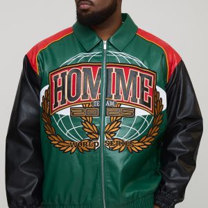 Plus Oversized Fit Homme Applique PU Collared Bomber Jacket