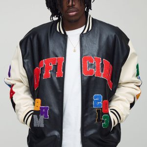 Tall Oversized Fit Badge Applique PU Varsity Bomber Jacket