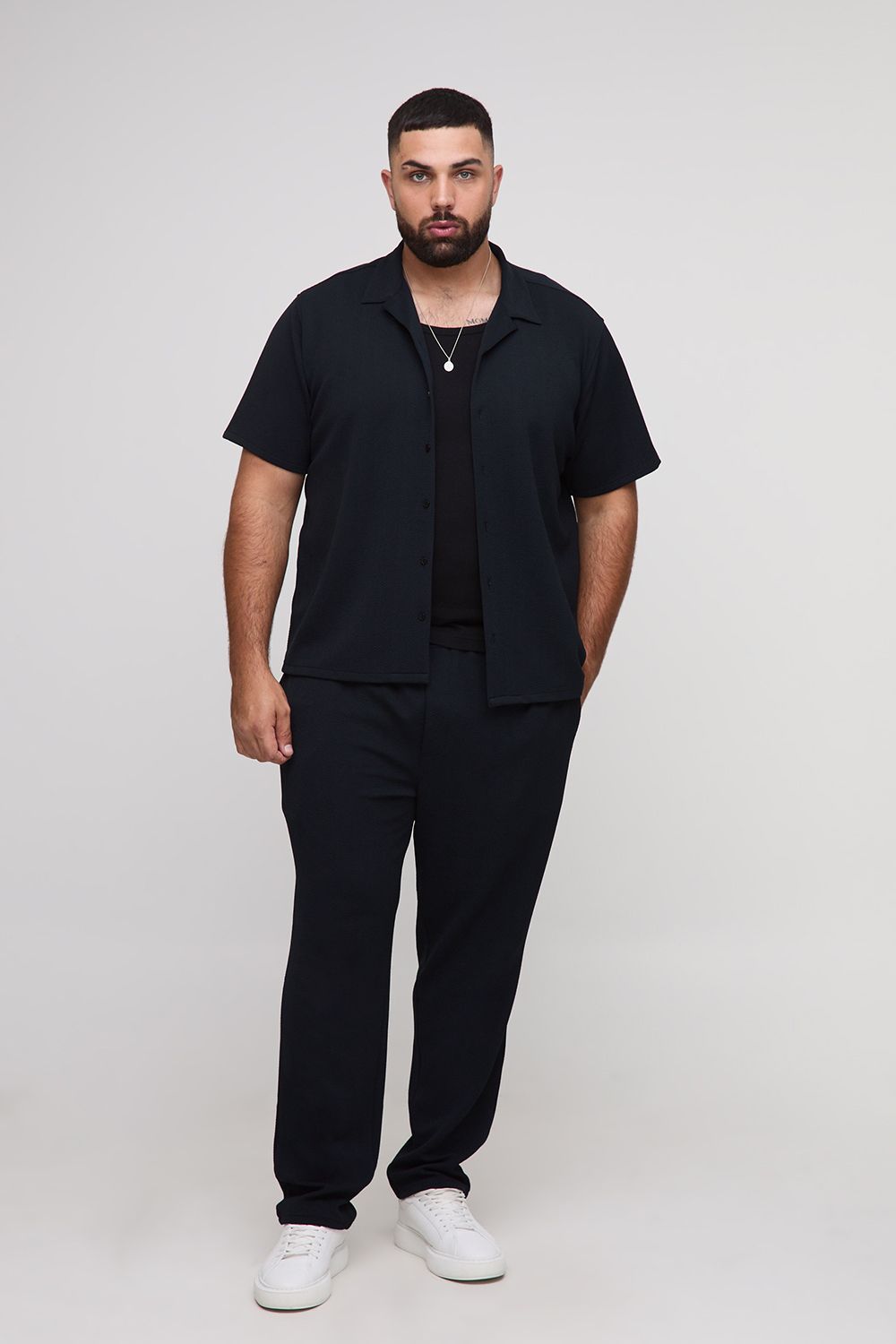 Plus Herringbone Jersey Regular Shirt and Tapered Trouser Set