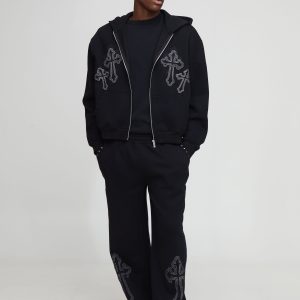Oversized Boxy Zip Through Cross Embroidered Wide Leg Tracksuit