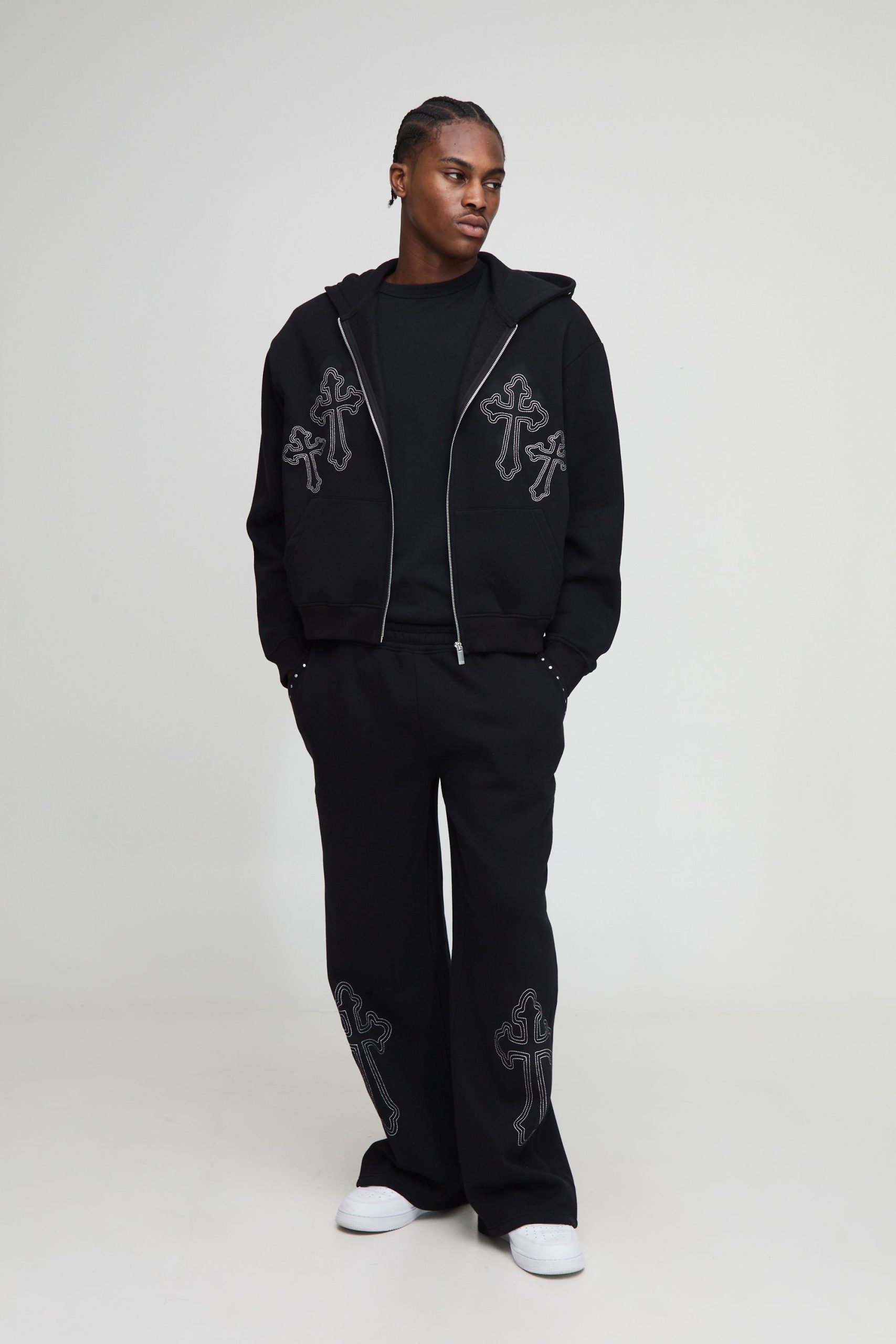 Oversized Boxy Zip Through Cross Embroidered Wide Leg Tracksuit