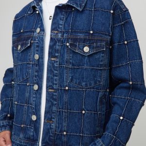 Regular Fit Checkerboard Rivet Embellished Denim Jacket