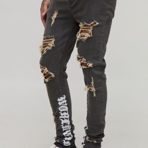 Tall Stacked Skinny Distressed Embroidered Gusset Jeans