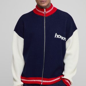 Tall Oversized Zip Up Funnel Neck Homme Knitted Jacket