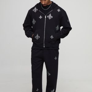 Oversized Boxy Worldwide Rhinestone Zip Through Hoodie