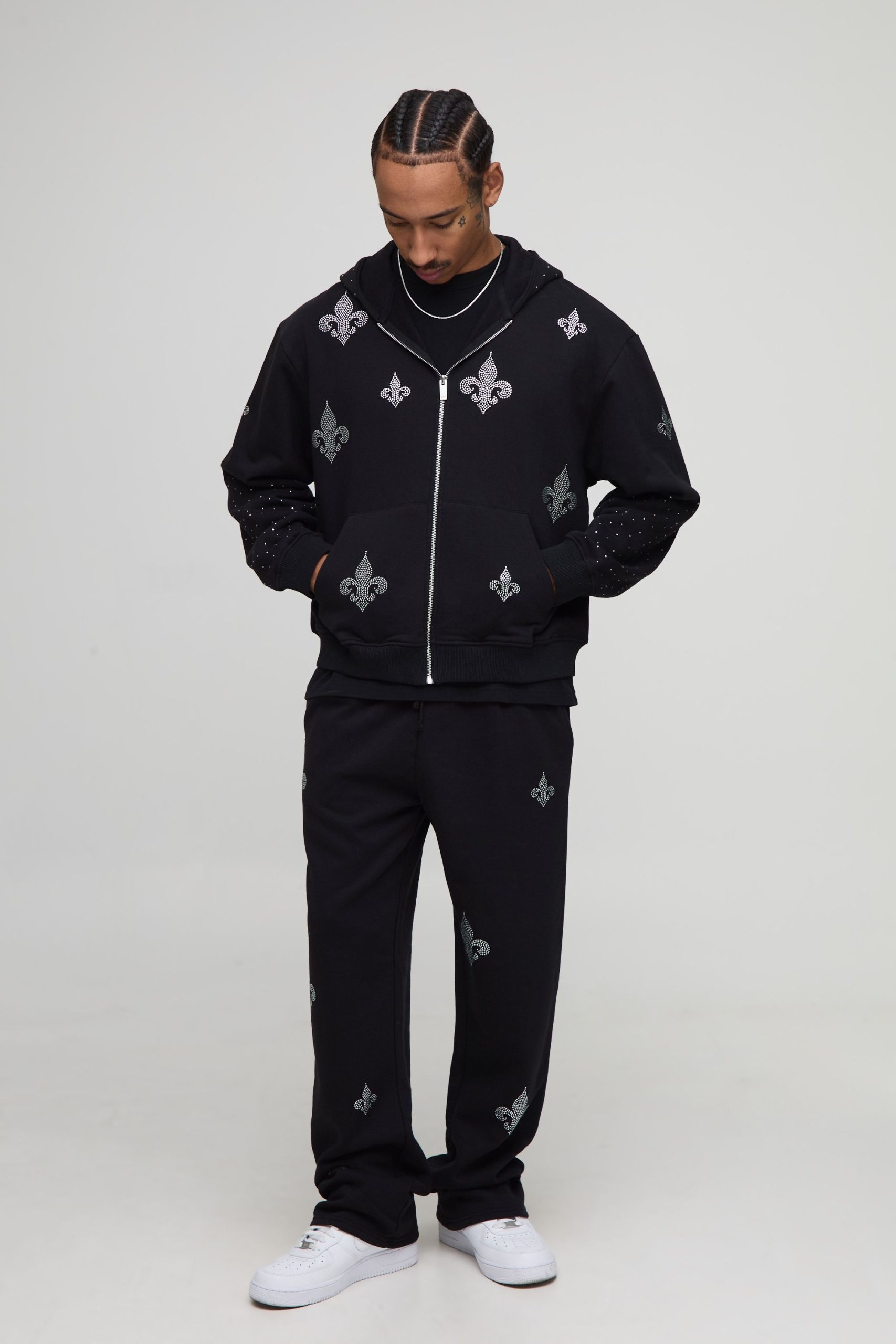Oversized Boxy Worldwide Rhinestone Zip Through Hoodie