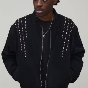 Boxy Embellished Denim Bomber Jacket