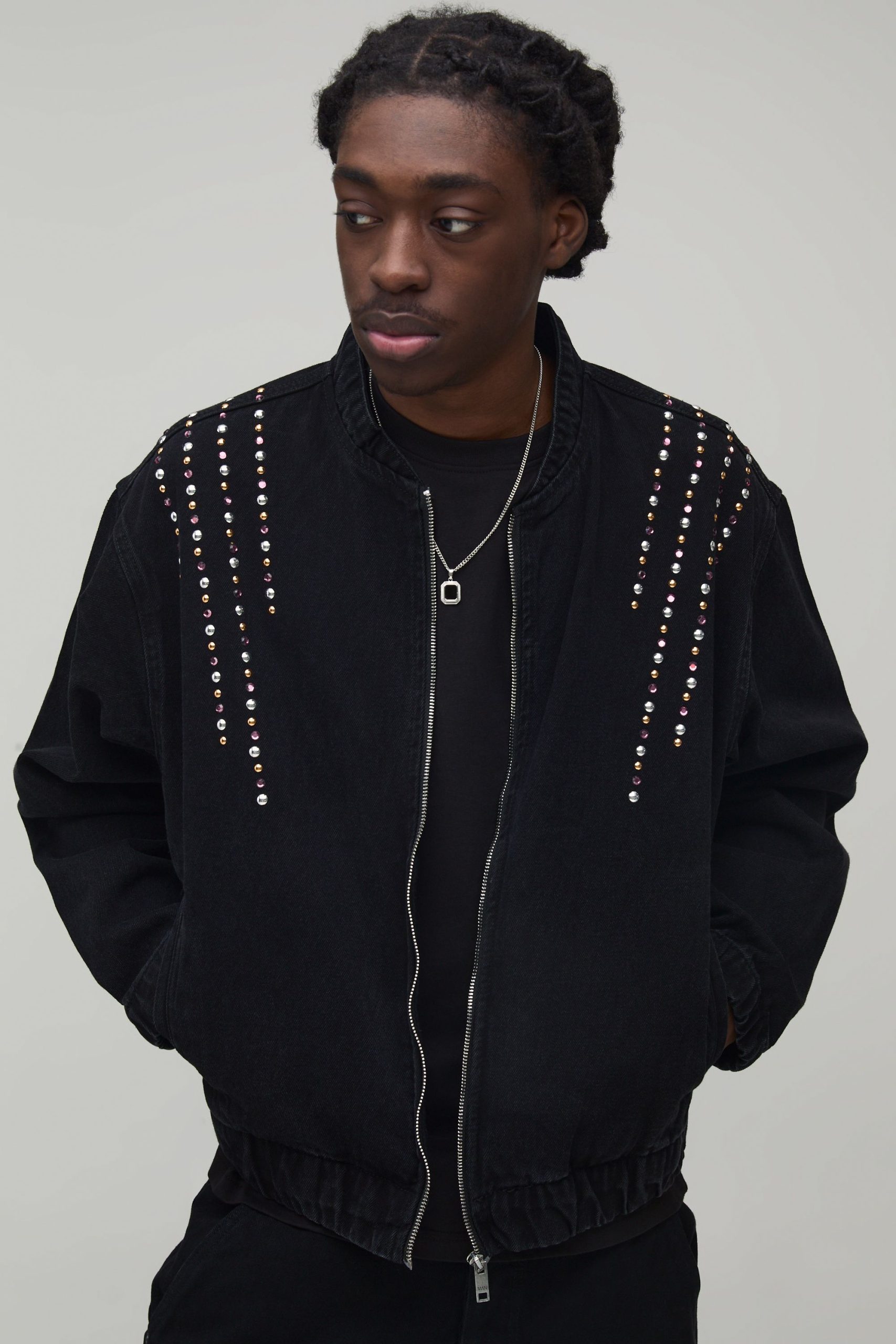 Boxy Embellished Denim Bomber Jacket