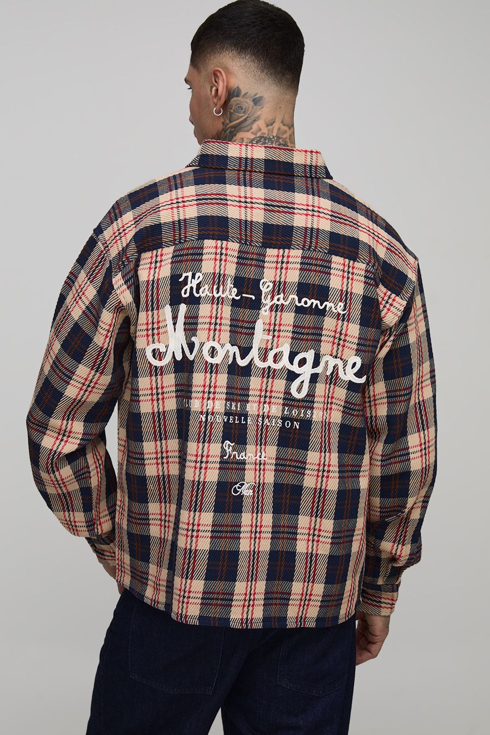 Tall Oversized Club De Ski Embroidered Ribbed Check Overshirt