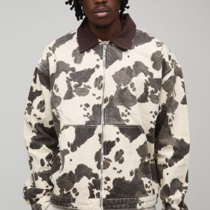 Tall Washed Cow Print Boxy Oversized Denim Jacket