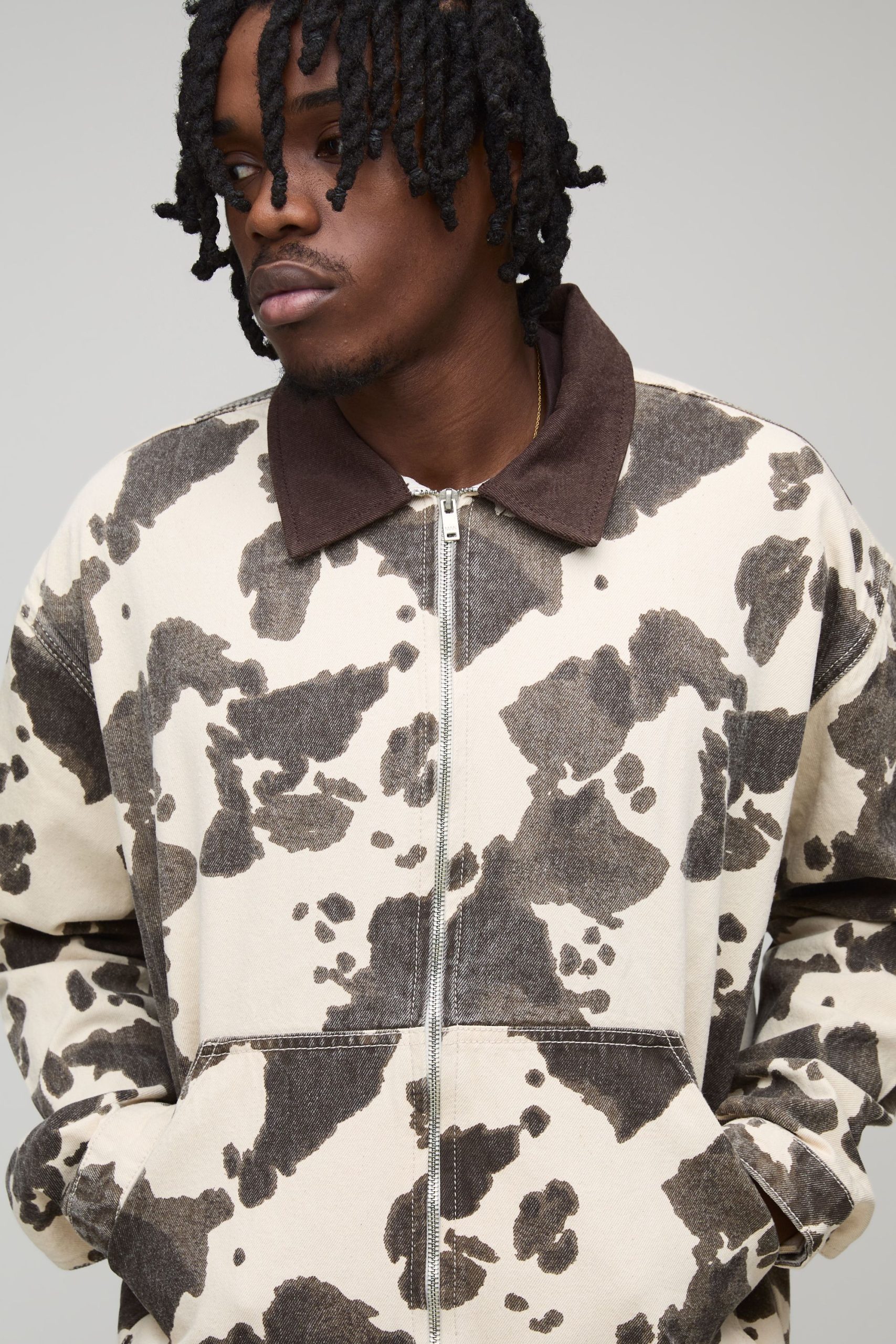 Tall Washed Cow Print Boxy Oversized Denim Jacket - Image 3