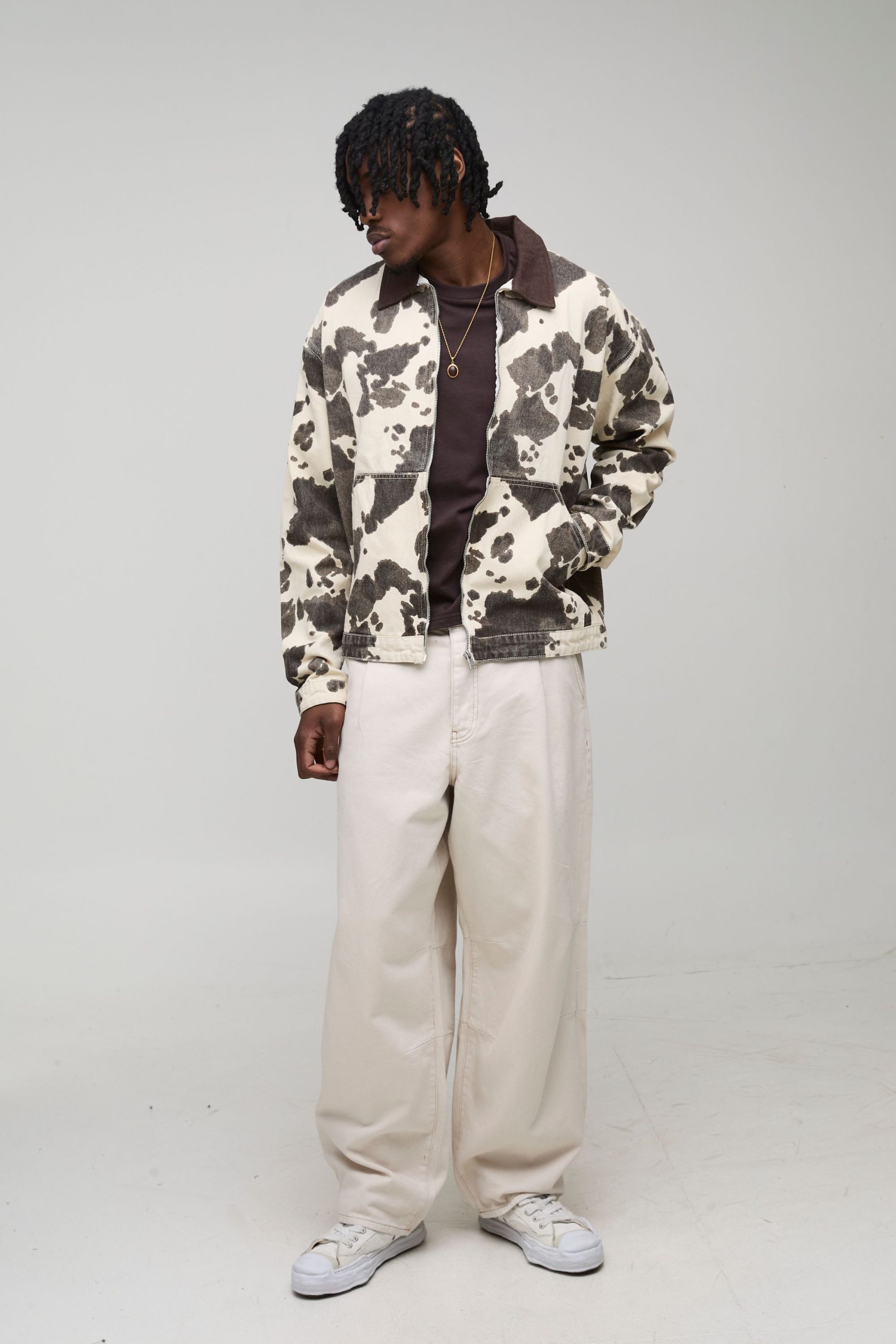 Tall Washed Cow Print Boxy Oversized Denim Jacket - Image 4