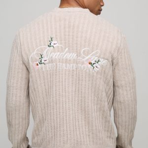 MAN Boxy Floral Varsity Embroidered Jacquard Knitted Cardigan