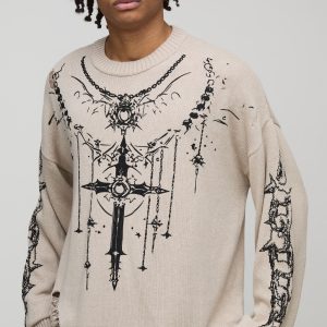 Boxy Gothic Distressed Knitted Jumper