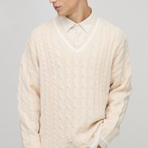 Boxy V Neck Cable Distressed Hem Knitted Jumper
