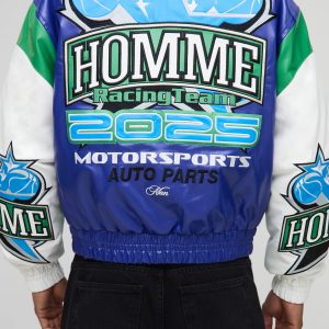 Boxy Fit Homme Racing PU Varsity Bomber Jacket