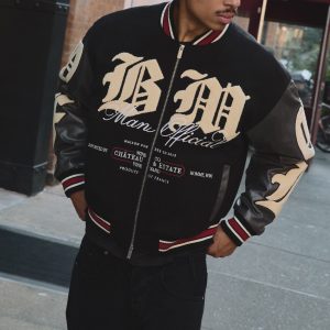 Oversized Boxy Fit Melton & PU BM Varsity Bomber Jacket