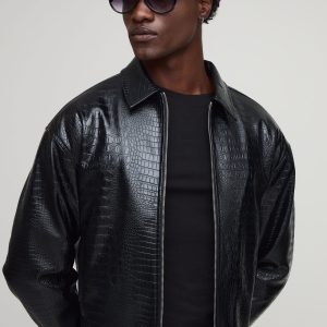 Boxy Faux Croc PU Harrington Jacket