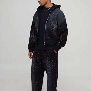 Shrunken Fit Rhinestone Washed Zip Through Hoodie