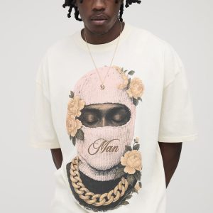 Tall Oversized Man Floral Ski Mask Print T-Shirt