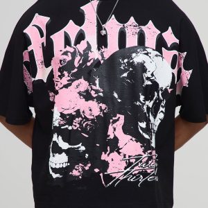 Black Oversized Boxy Heavyweight Skull Print T-Shirt